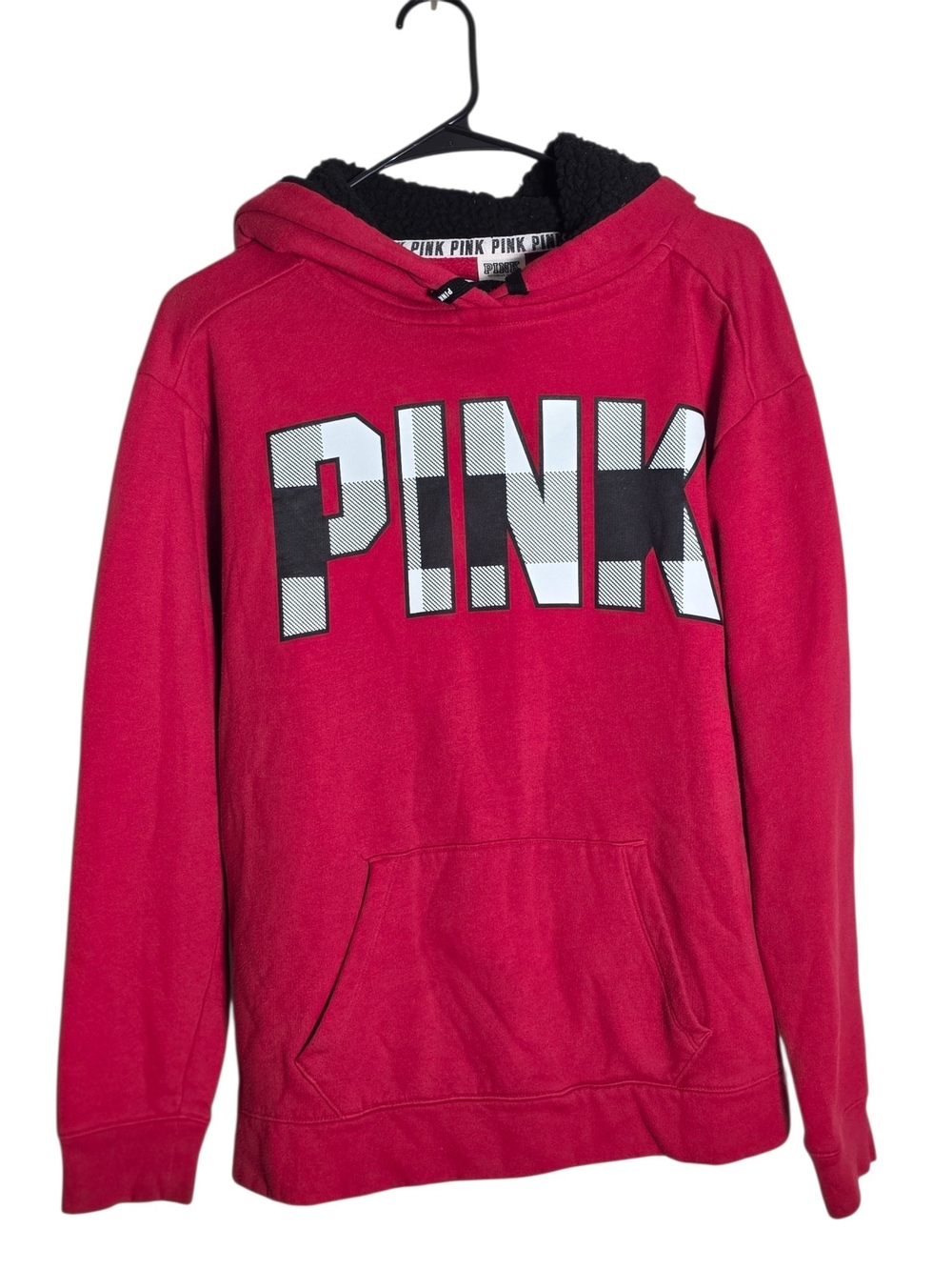 PINK Victoria's Secret Red Plaid Logo Sherpa Lined Pullover Hoodie Small